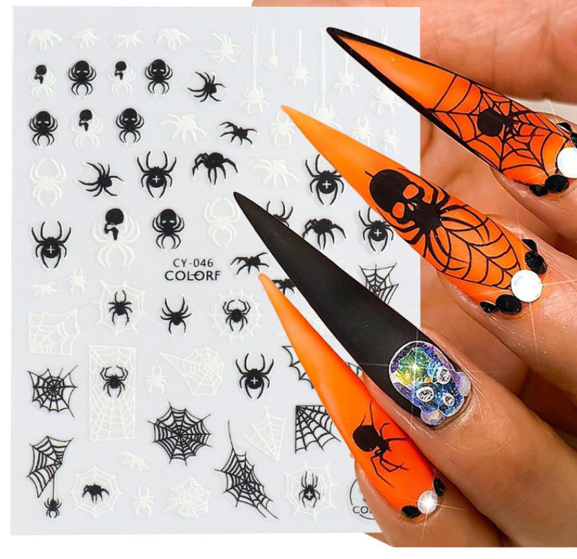 Glow-in-The-Dark Halloween Nail Stickers - Skull Ghost Pumpkin Spider Web Bat 6 Pack