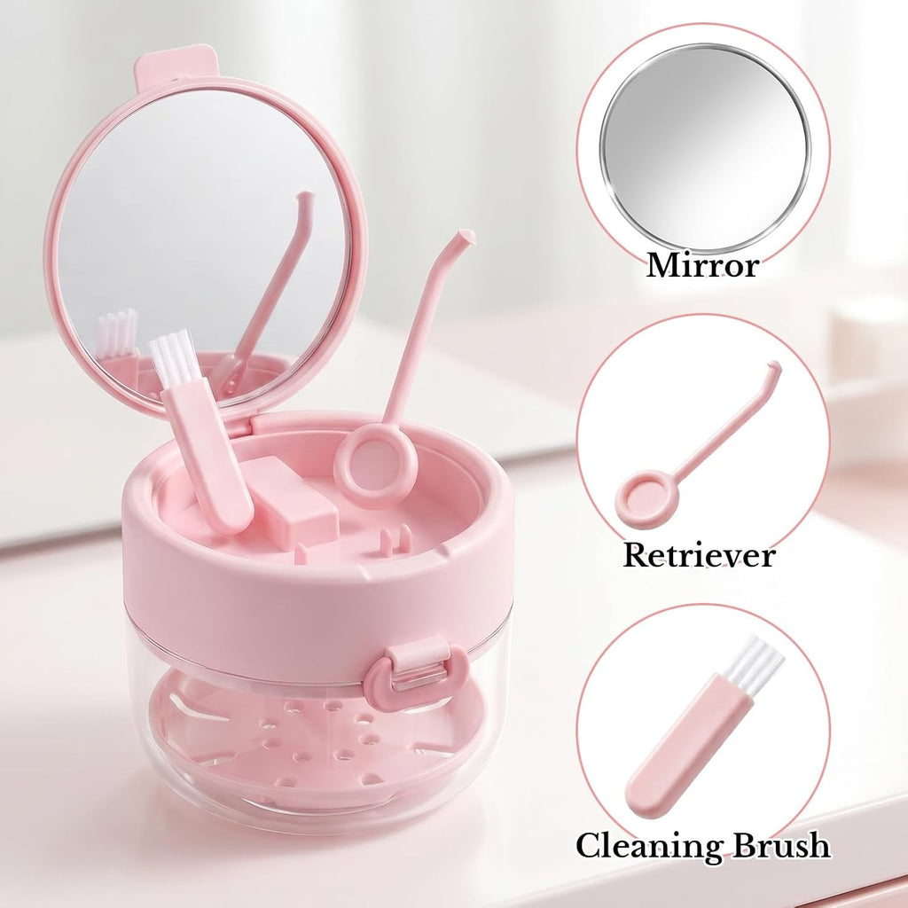 Denture and Retainer Cleaning Case with Auto-Lifting Strainer, Mirror & Brush