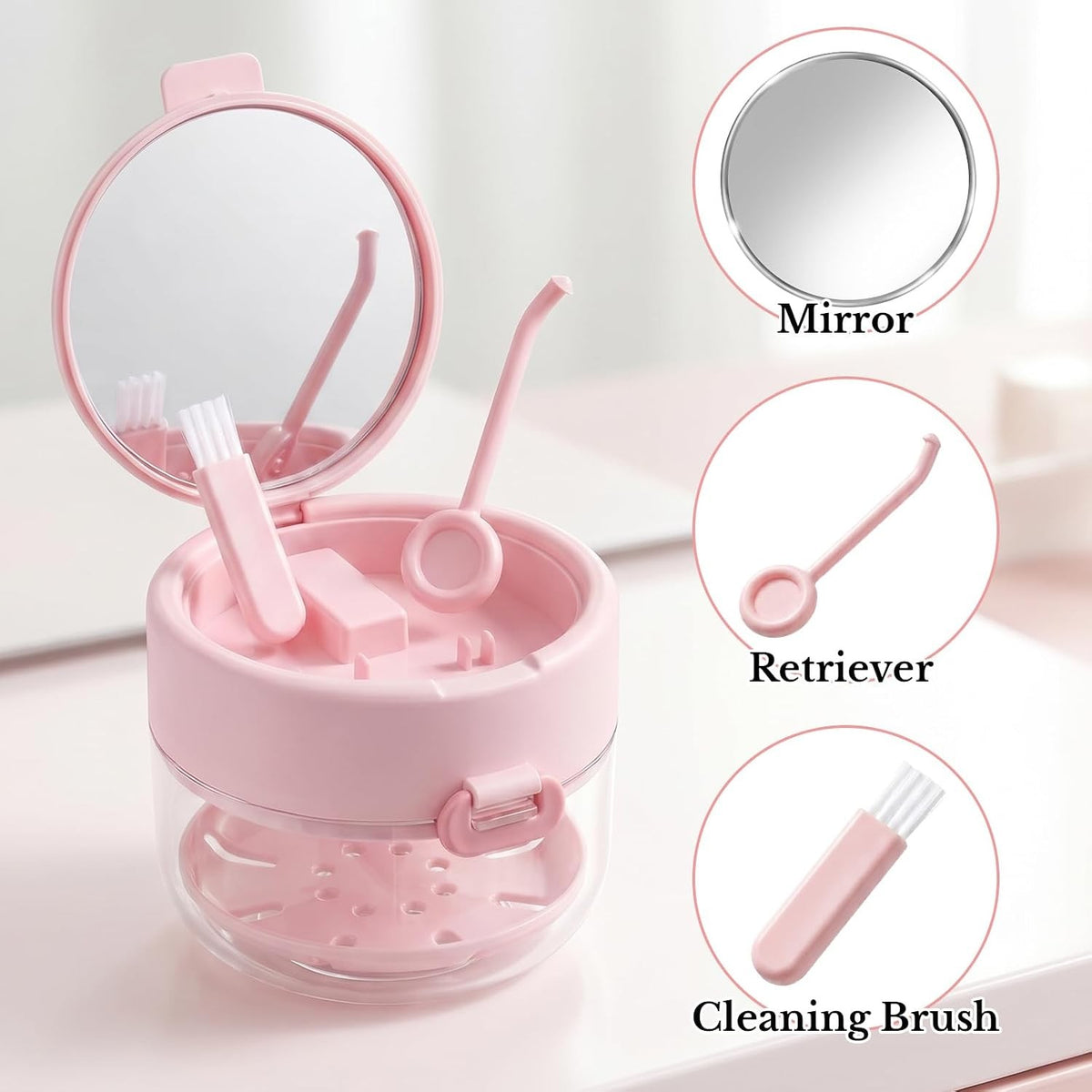 Denture and Retainer Cleaning Case with Auto-Lifting Strainer, Mirror & Brush
