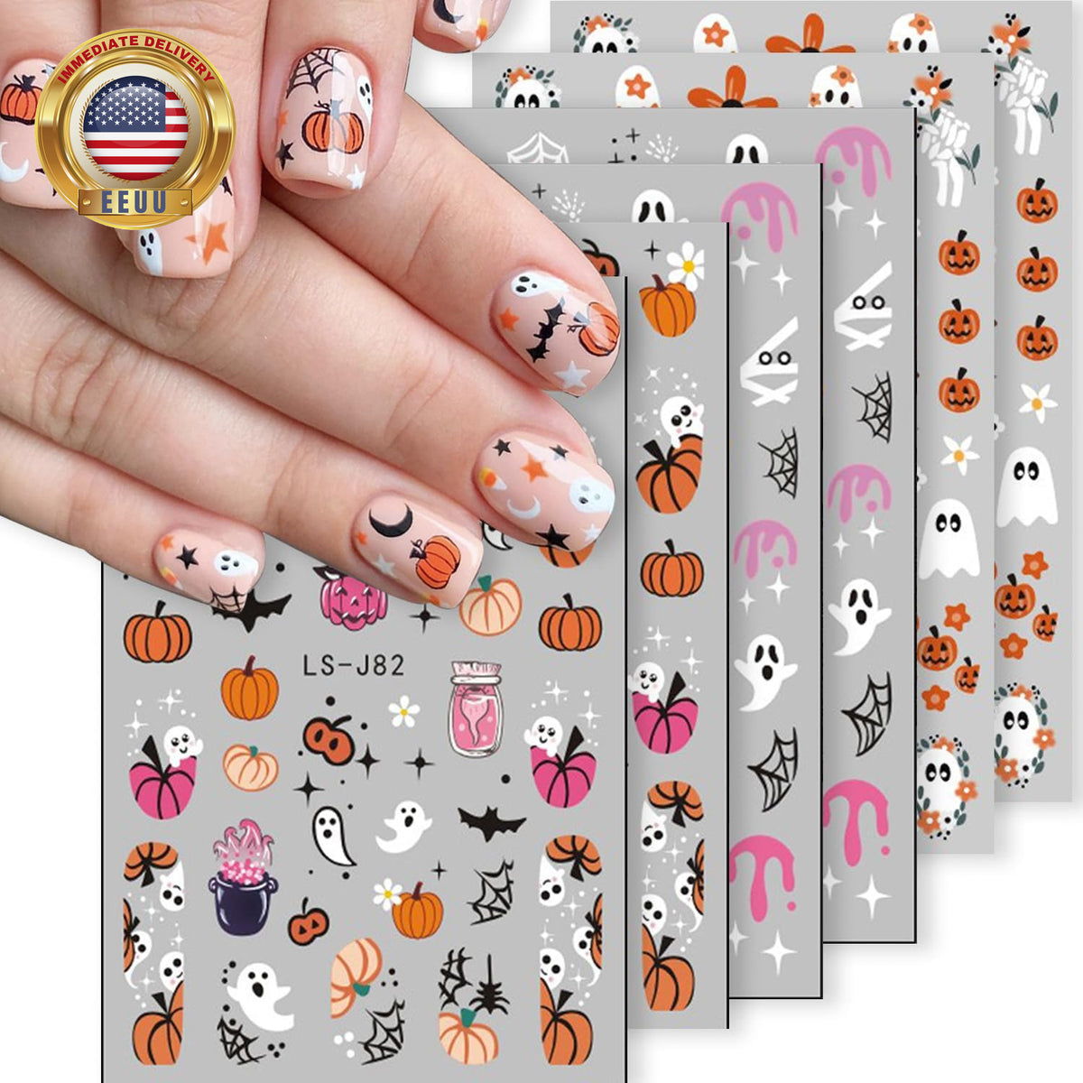 Halloween Nail Art Stickers Set - 6 Sheets with Pumpkin Ghost Skeleton Designs