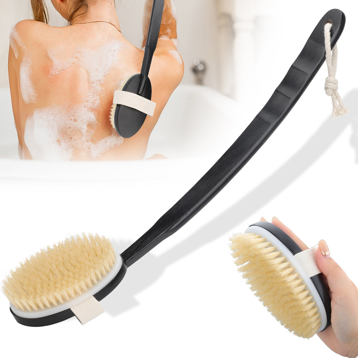 Long Handle Wooden Back Scrubber with Detachable Brush Head - Body Exfoliator