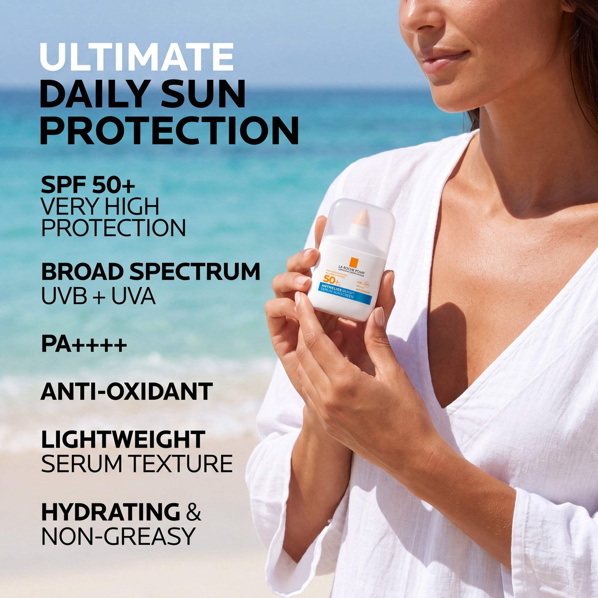 SPF50+ UVA & UVB Serum Sunscreen for Face - Lightweight, Hydrating, Antioxidant Formula