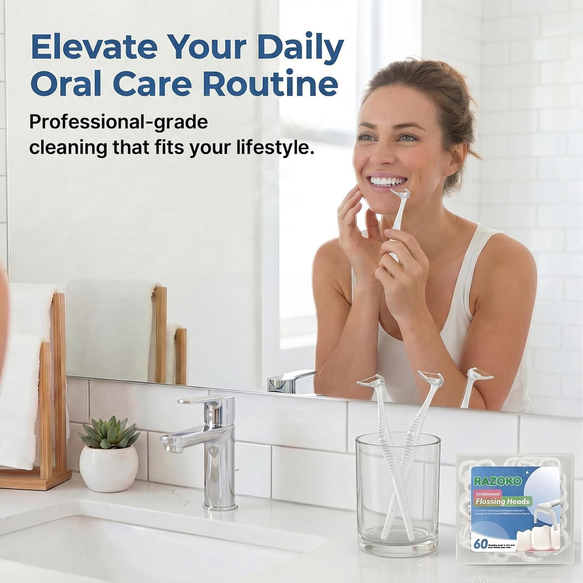 Dental Flosser Kit with Handle and 120 Refill Heads - Easy Access, Ergonomic Design