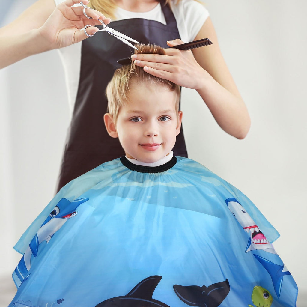 Kids Barber Cape with Neck Duster Brush Cartoon Sea Animals, Full Coverage