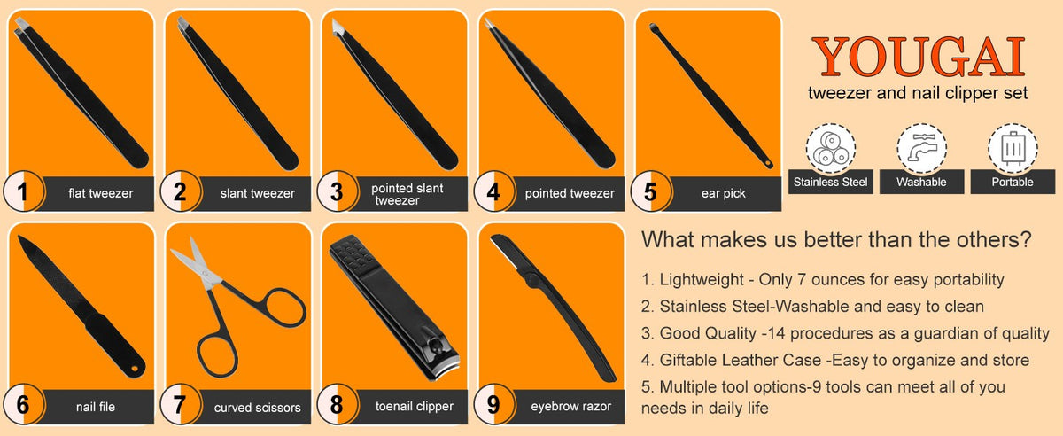 9-Piece Stainless Steel Tweezers and Nail Clippers Set with Leather Case