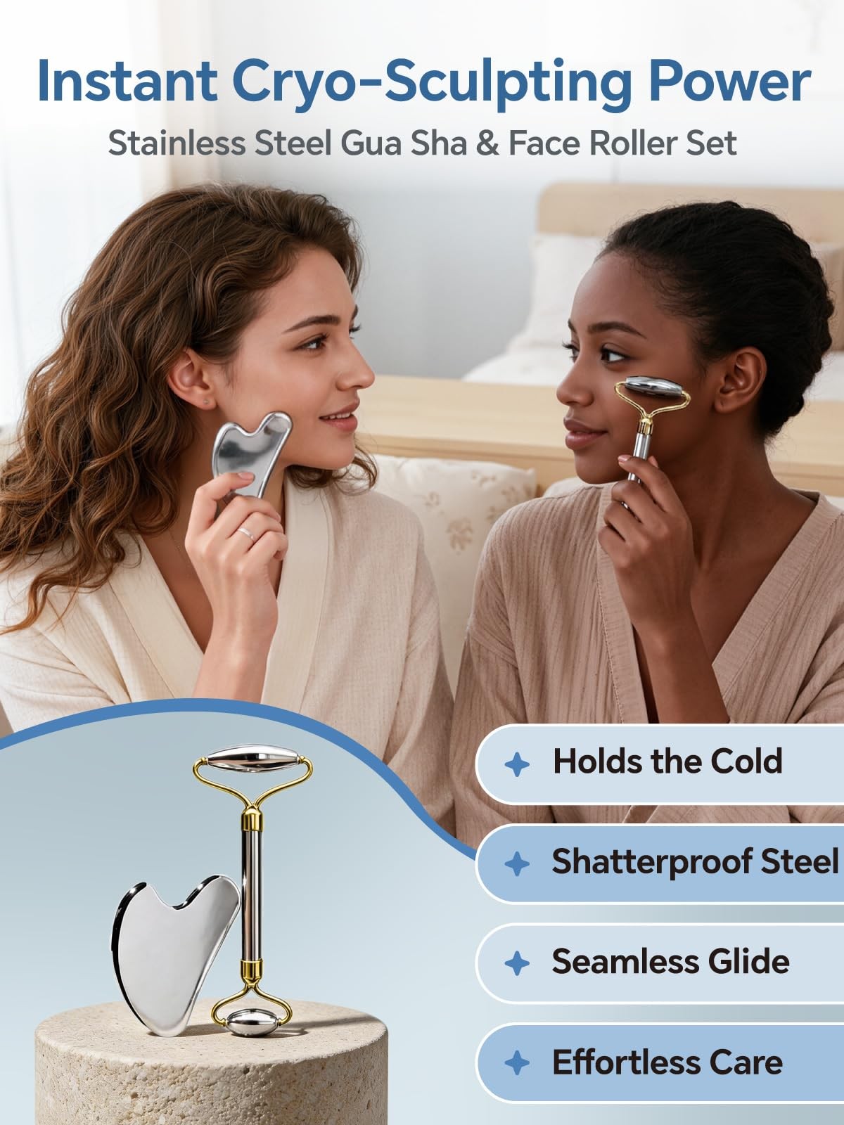 Stainless Steel Face Roller & Gua Sha Set for Skin Tightening & Facial Massage