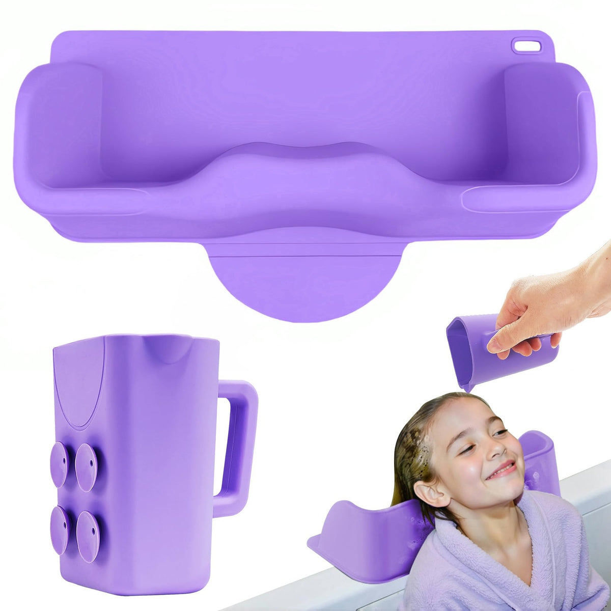 Portable Kids Hair Washing Station Silicone Basin with Rinse Cup - Purple