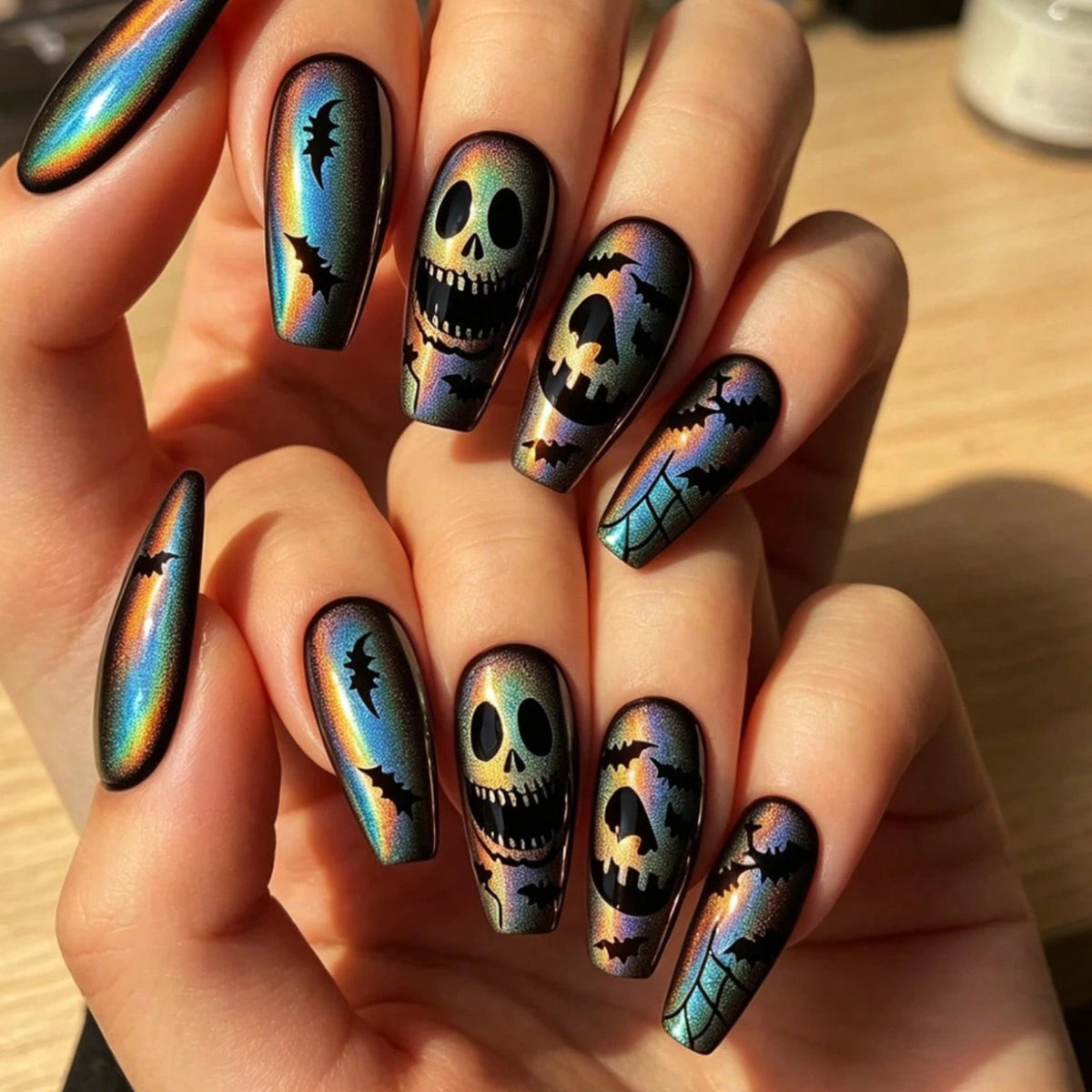 Halloween Press-On Nails Set - Bat Ghost French Gradient Mid-Length Fake Nails