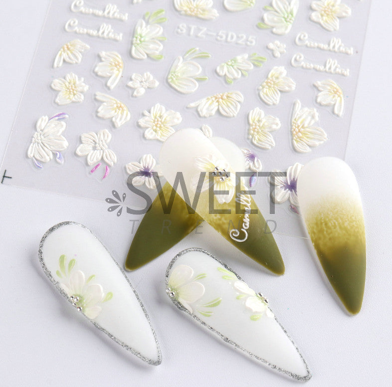 White 5D Embossed Camellia Flower Nail Decals - Manicure Stickers Set