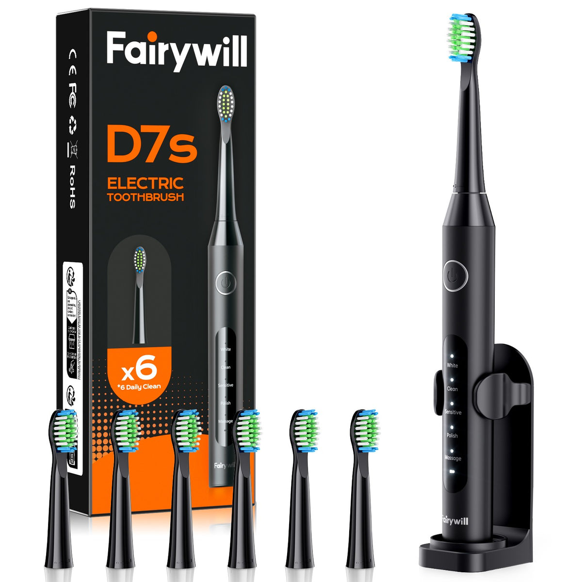 Electric Toothbrush with 6 Brush Heads, 5 Modes, Rechargeable, Waterproof