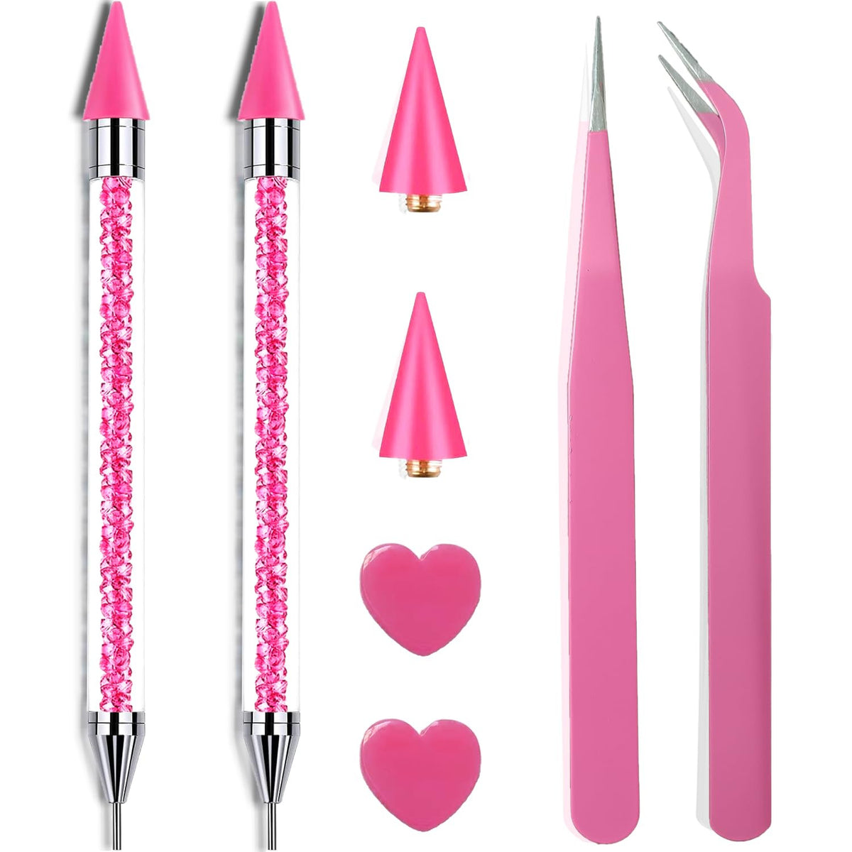 Pink Rhinestone Picker Tool Set with Dual-Head Wax Pens and Tweezers for Nail Art