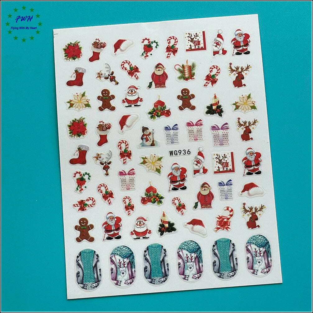Christmas Snow Nail Stickers Set - Snowman Reindeer Candy Heart Decals for Nail Art