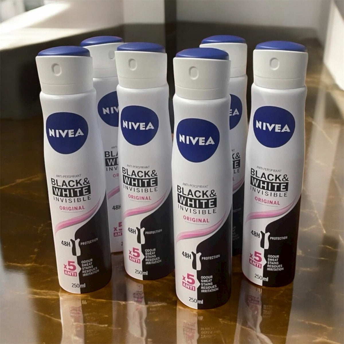 Nivea Black & White Invisible 48H Protection Spray - 250ml, 6 Pack