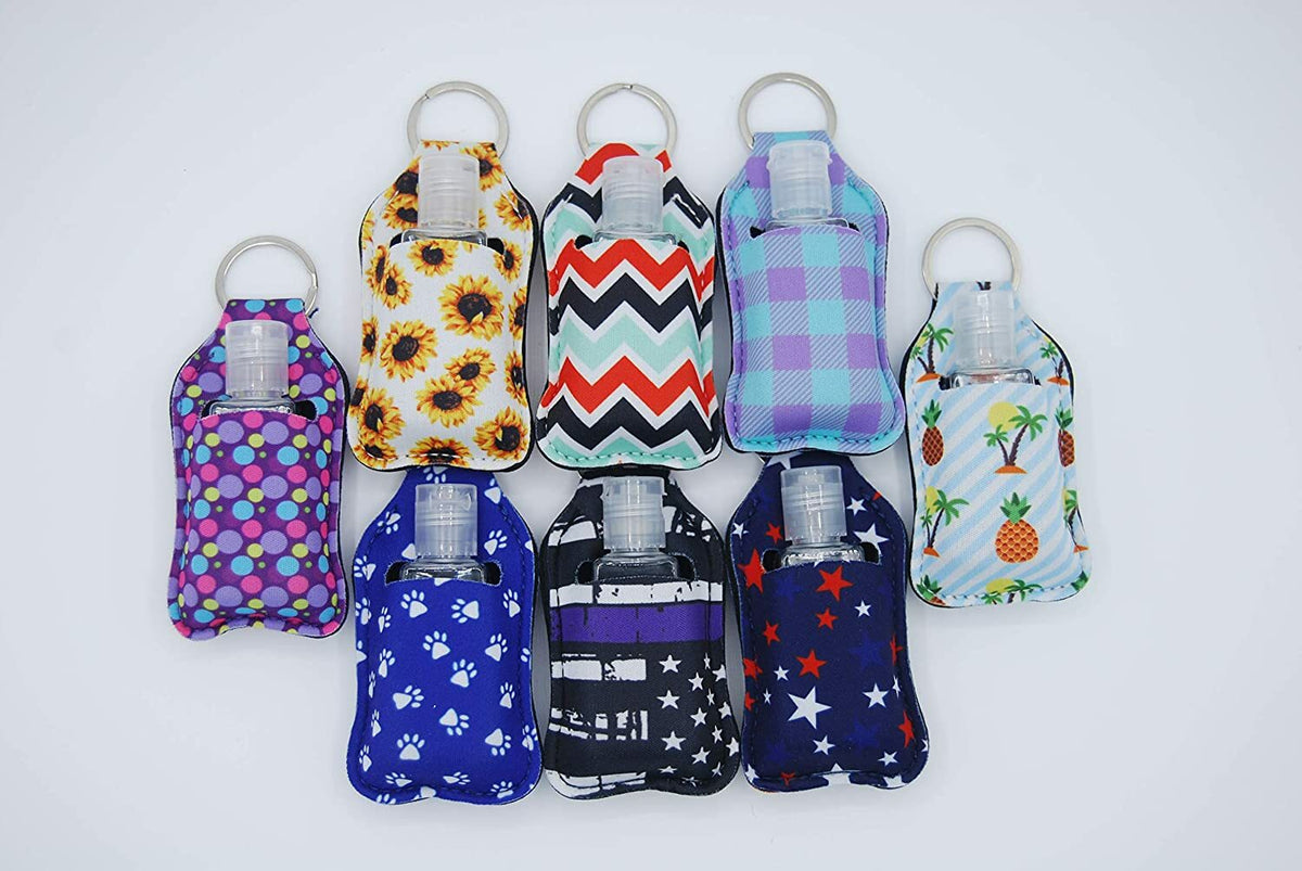 Neoprene Hand Sanitizer Keychain Holder with 30ml Refillable Bottle - 8 Pack