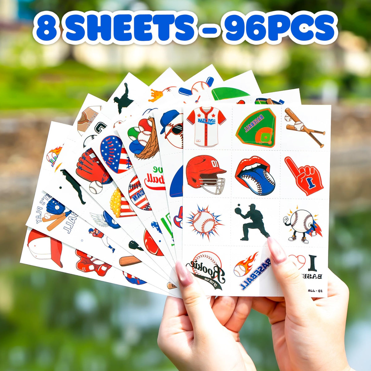 96 Pcs Baseball Temporary Tattoos for Kids — Pre-Cut Sports Stickers, Fun Party Favor