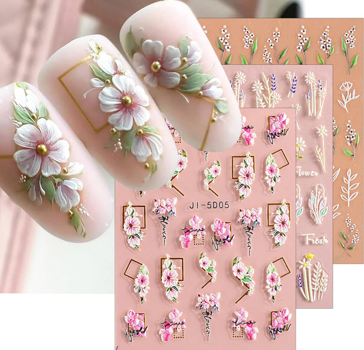 3D Flower Leaves Nail Art Stickers Decals - Self-Adhesive, 4 Sheets