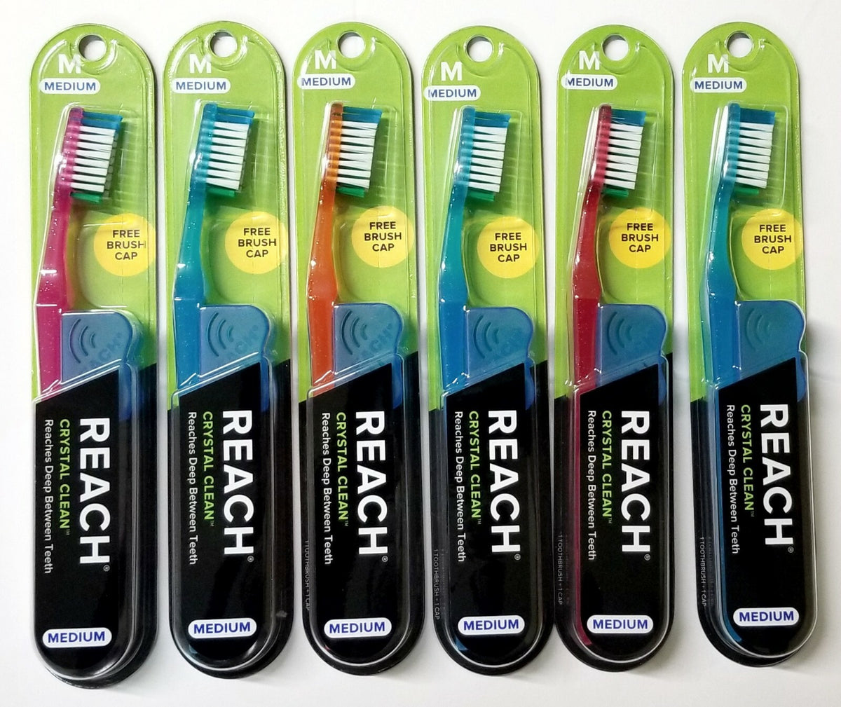 18 Medium Bristle Crystal Clean Toothbrushes with Free Caps - Reach