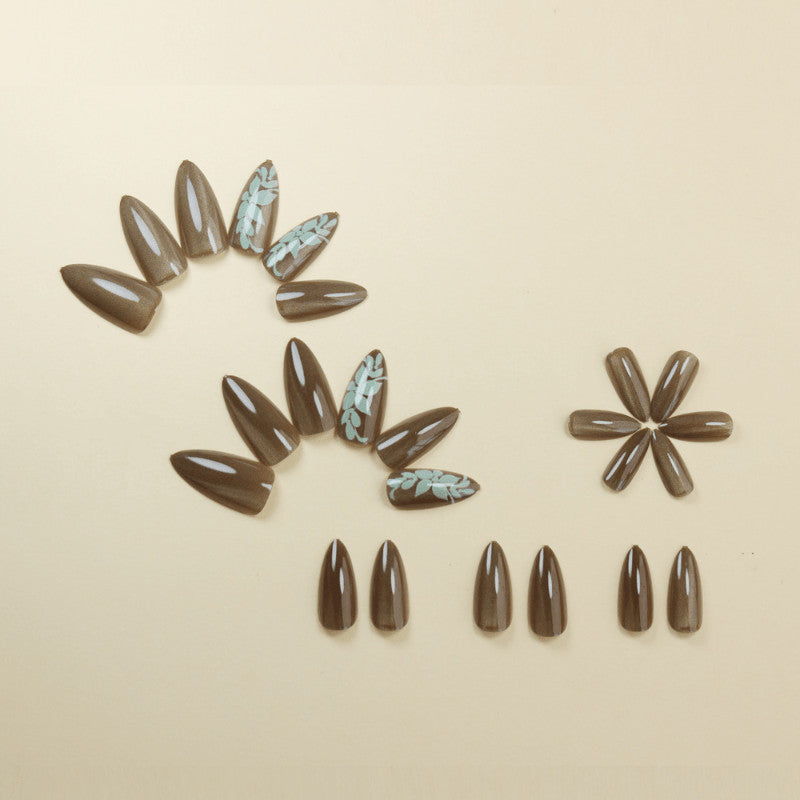 48Pcs Long Almond Green Cat Eye Floral Pearl Fake Press-On Nails Set