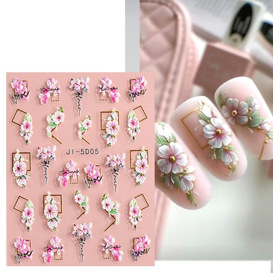 3D Embossed Flower & Leaf Nail Art Stickers Set - Self-Adhesive Decor