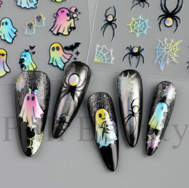 Rainbow Ghost Bat Cat Halloween Nail Stickers 2 Sheets 3D Embossed Decals