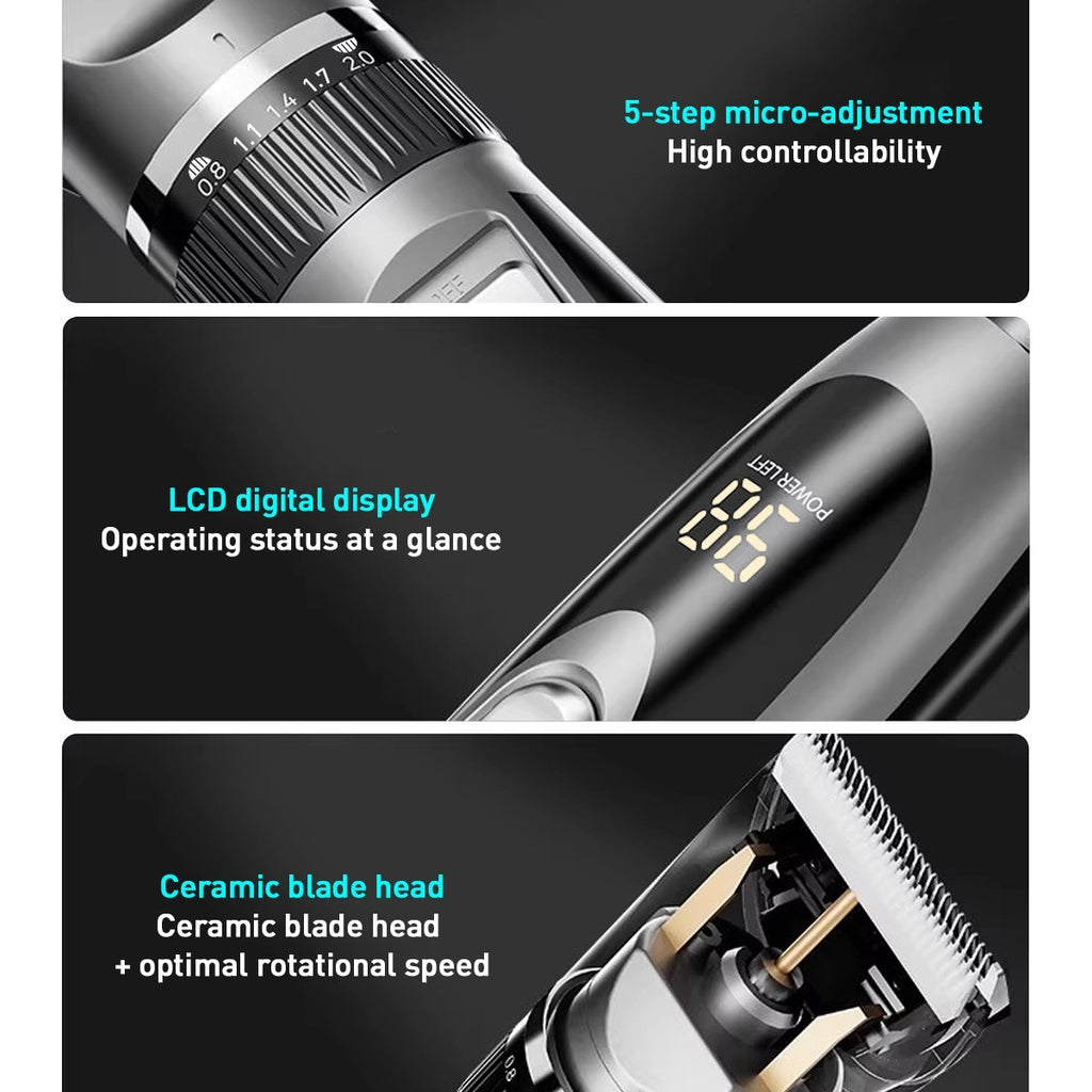 Cordless Rechargeable Hair Clippers Kit with LCD Display & Adjustable Length