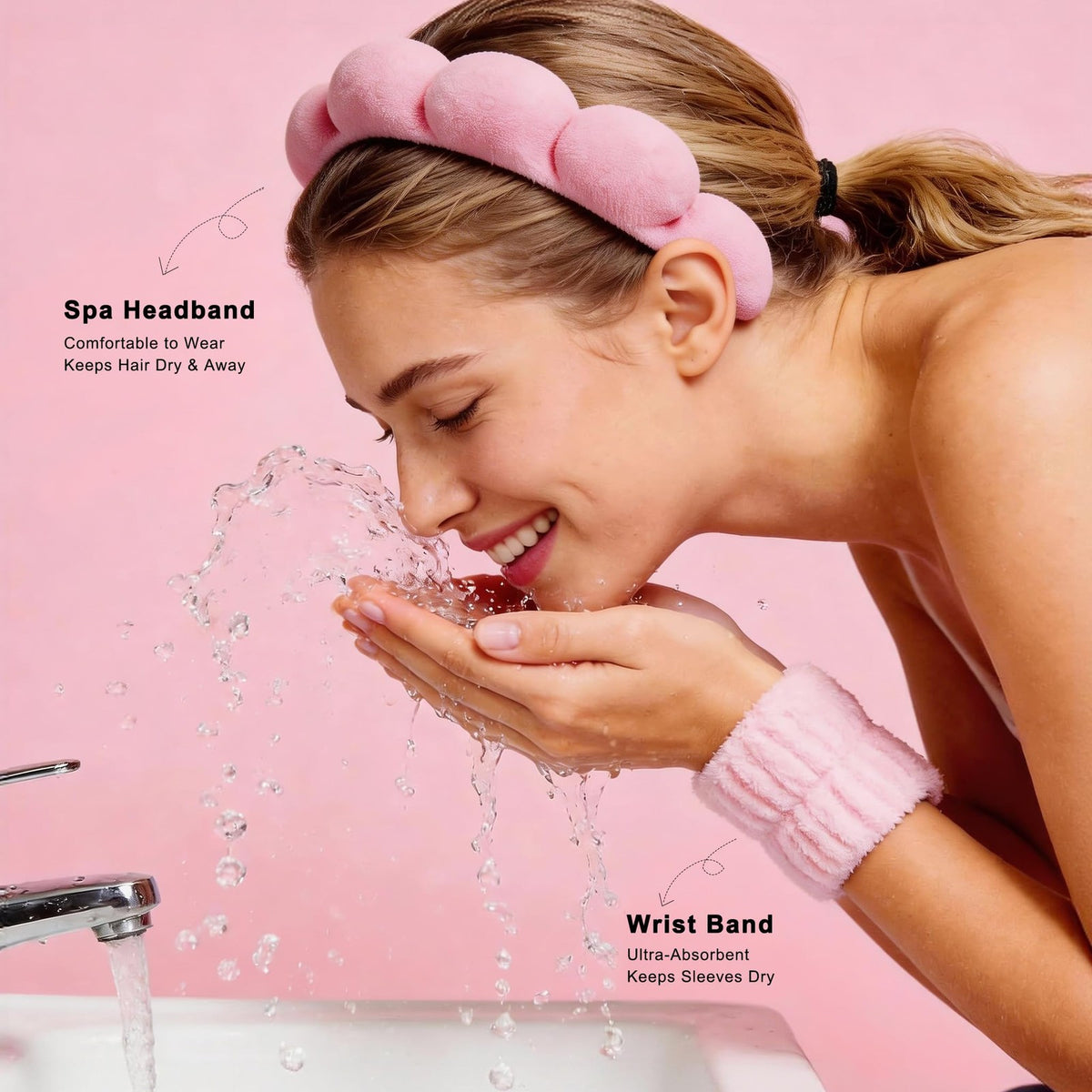 Spa Headband for Face Washing & Makeup Removal - Pink, Pack of 5