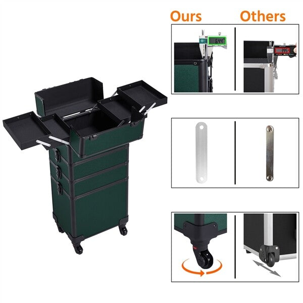 Aluminum 4-in-1 Professional Trolley Makeup Train Case Dark Green