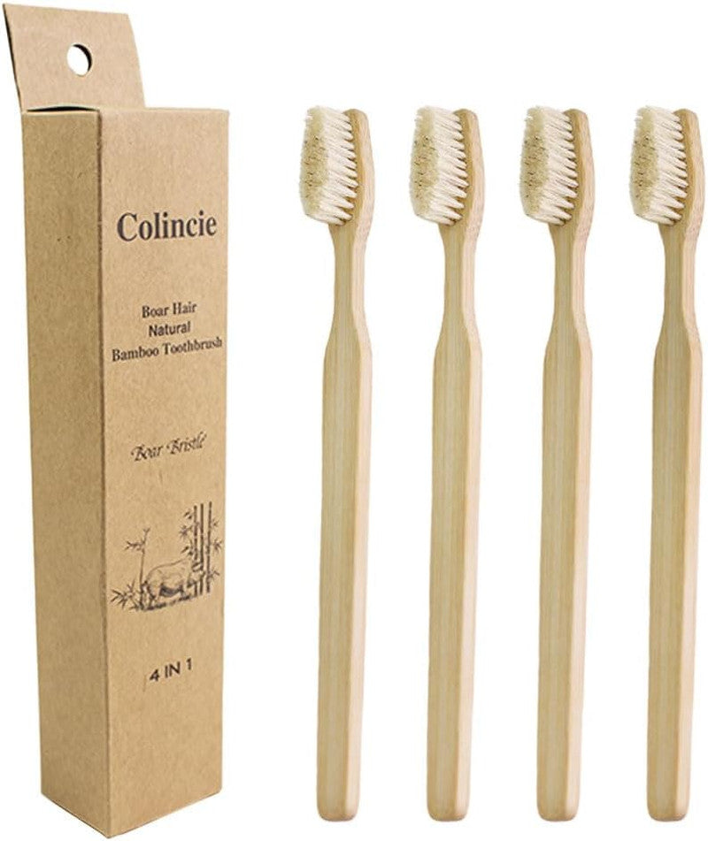 Bamboo Toothbrush Set with Boar Bristles - Biodegradable Natural Wooden Handle