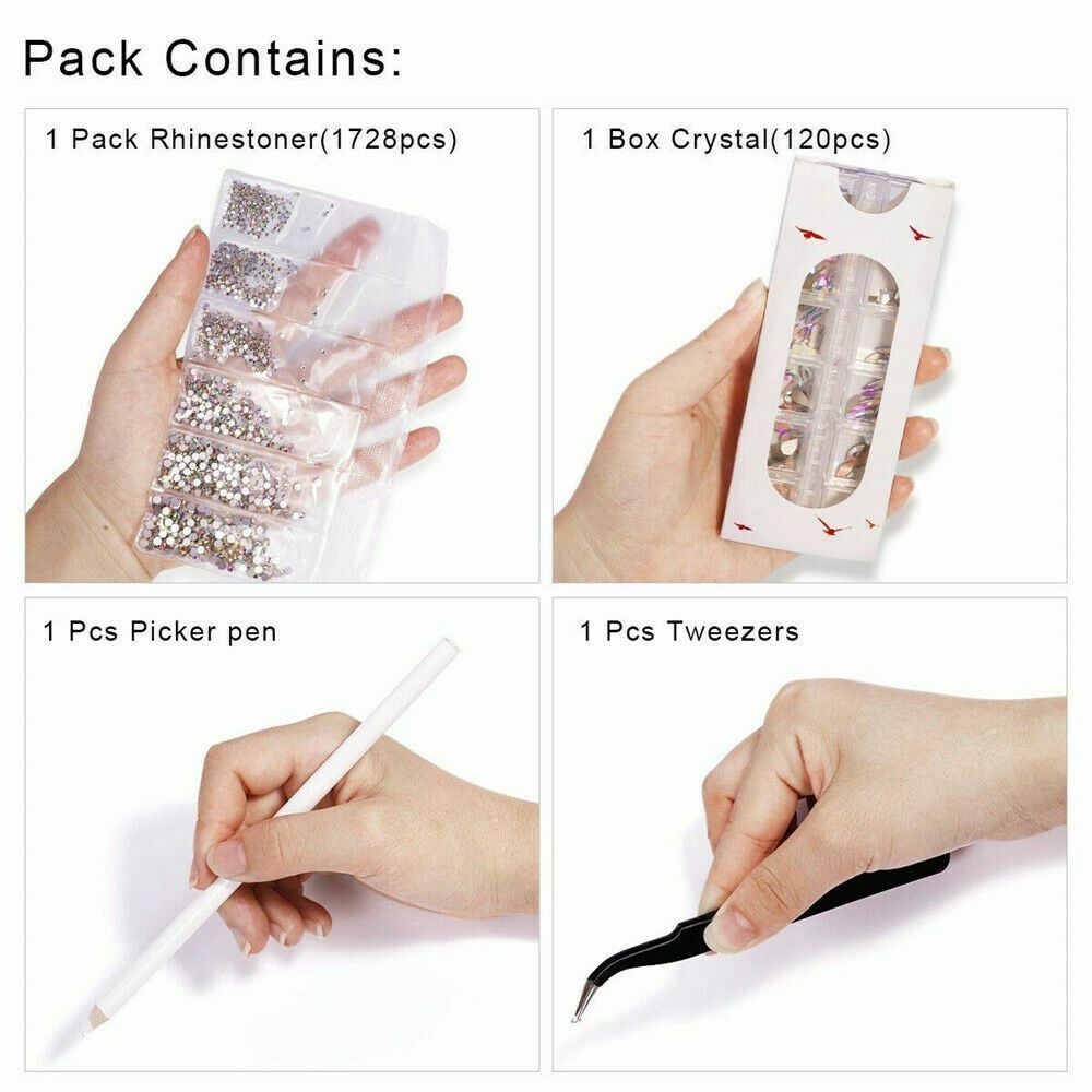 Assorted Rhinestones for Nail Art Crafts with Pickup Pen & Tweezers - 12 Styles