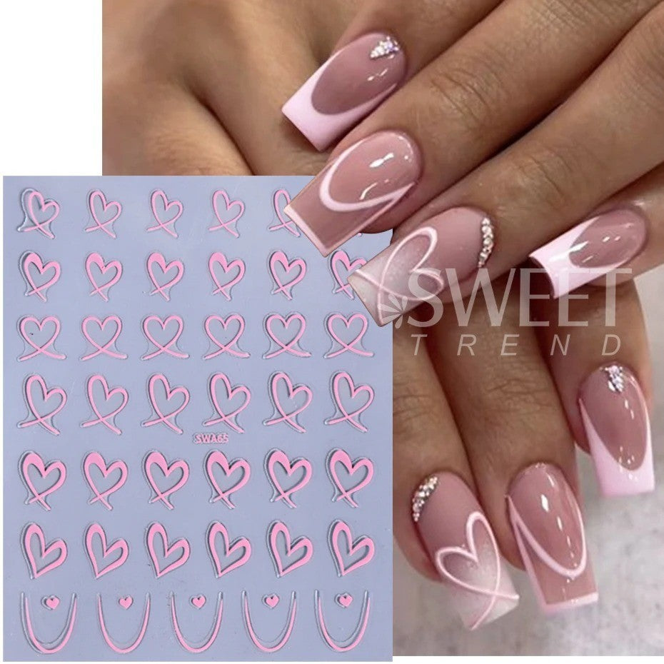 Nail Art Stickers 3D Black White Pink Lines Heart Decals 3PCS