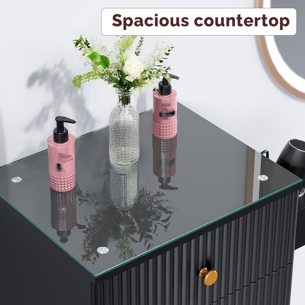 Professional Salon Styling Station with Heat-Resistant Glass Top & Storage