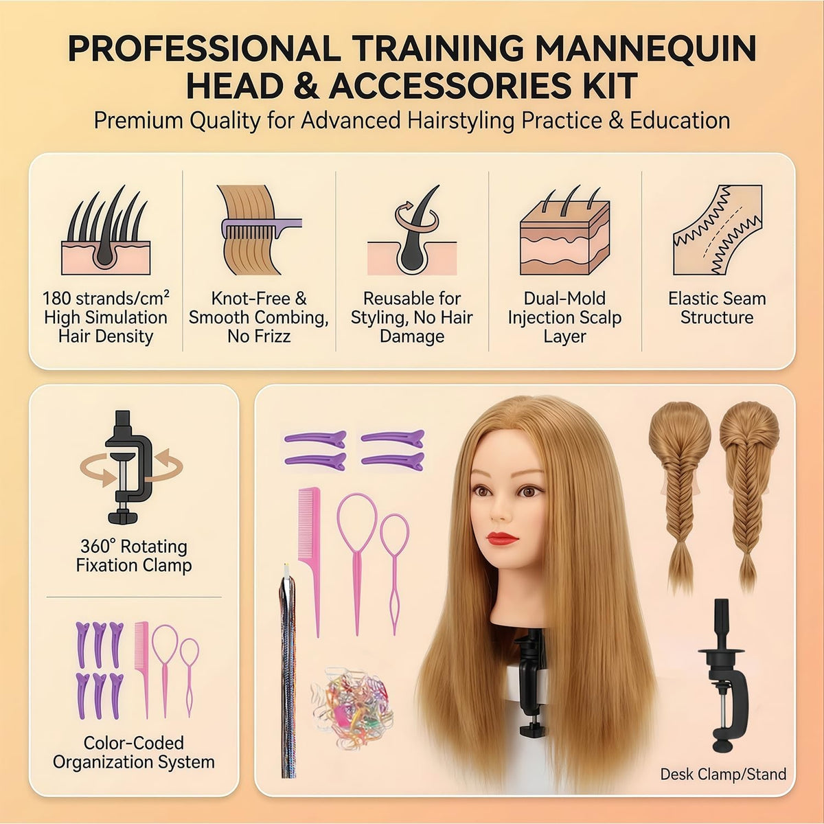 26 Inch Human Hair Mannequin Head for Hair Styling Practice and Braiding