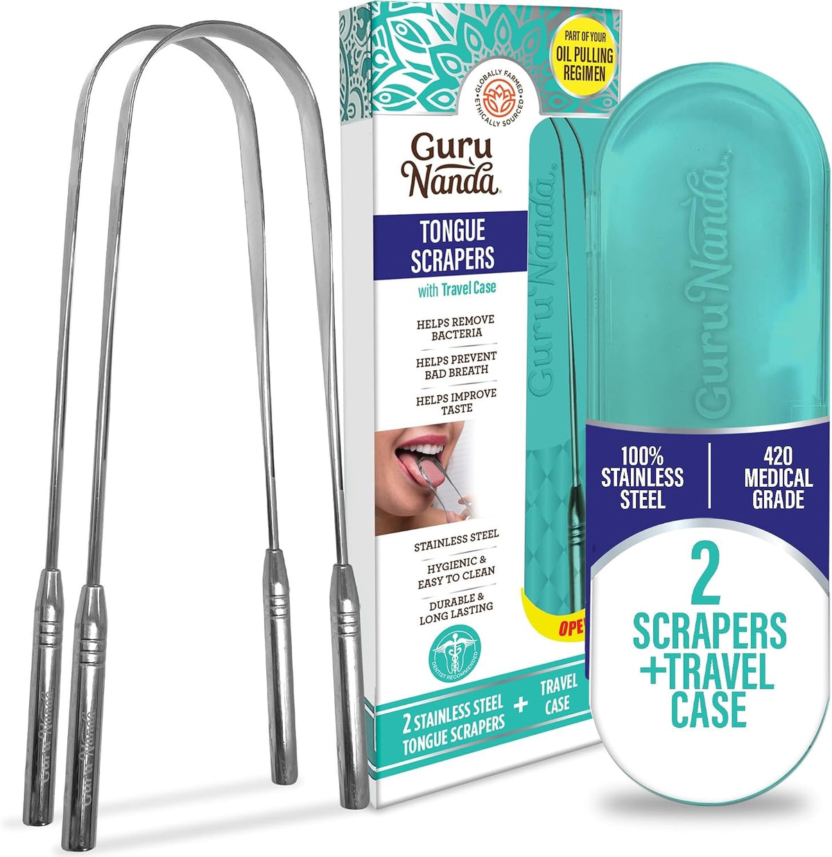 Stainless Steel Tongue Scraper with Travel Case - Adults & Kids, 2 Pack