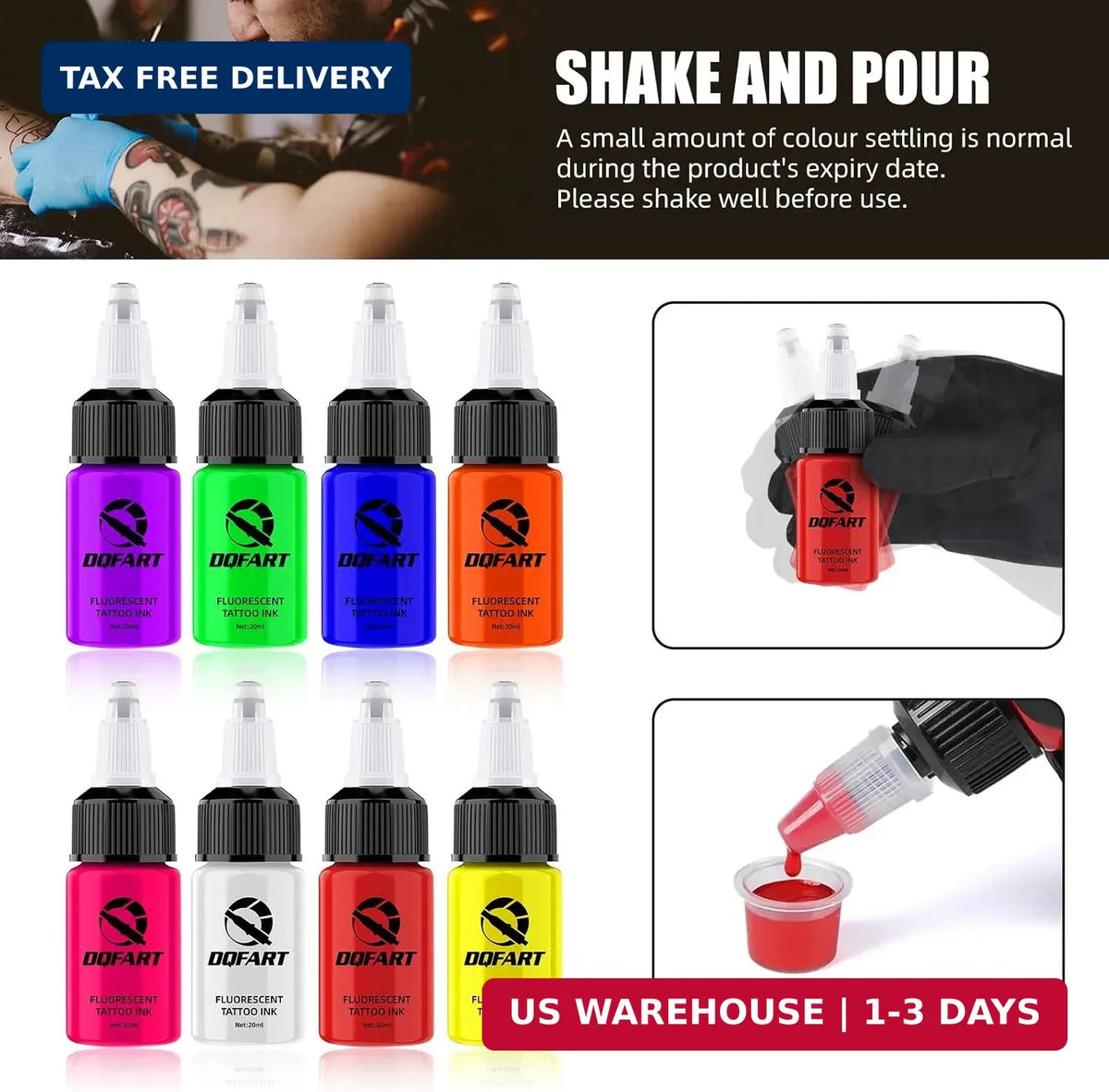 8-Color Fluorescent Tattoo Ink Set 20ml Each UV Body Art Neon Pigment