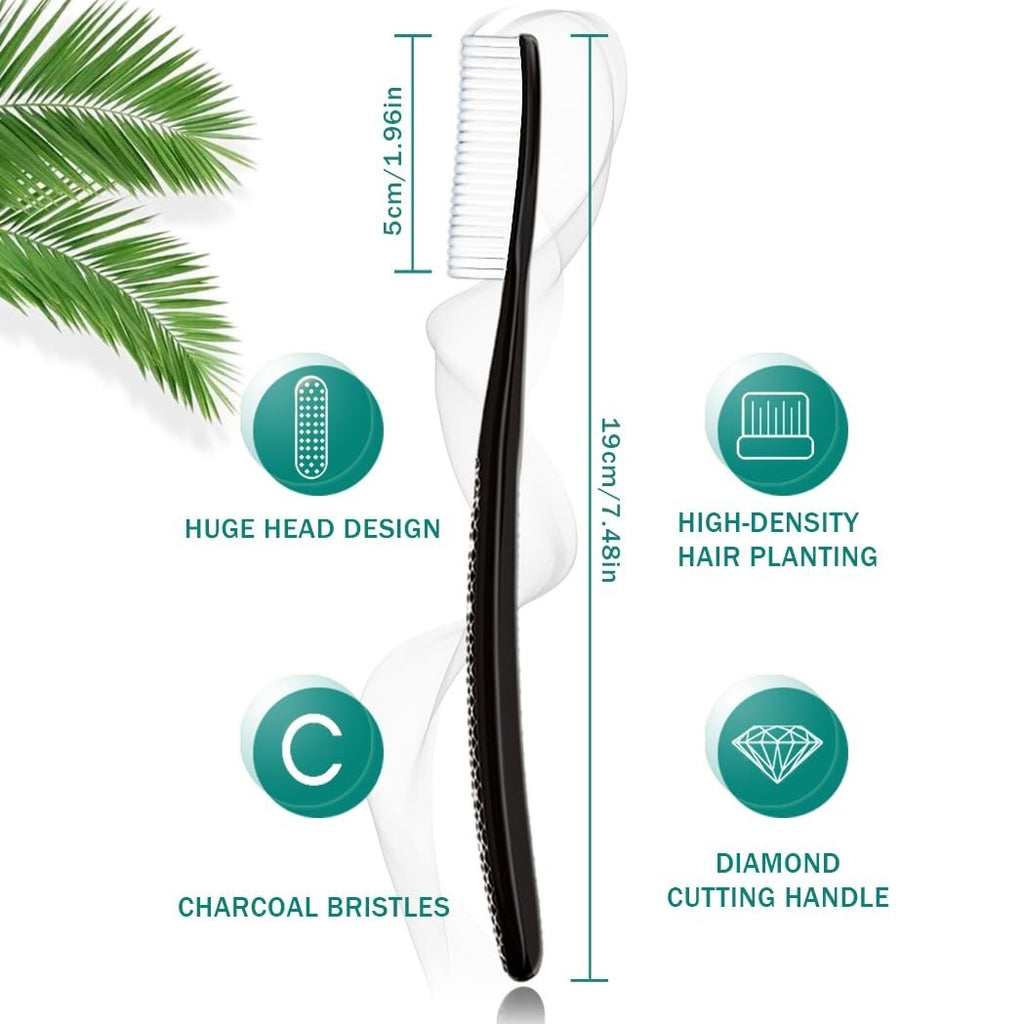 Long Head Toothbrush 4-Pack - Hard Charcoal Bristles for Whitening & Plaque Removal