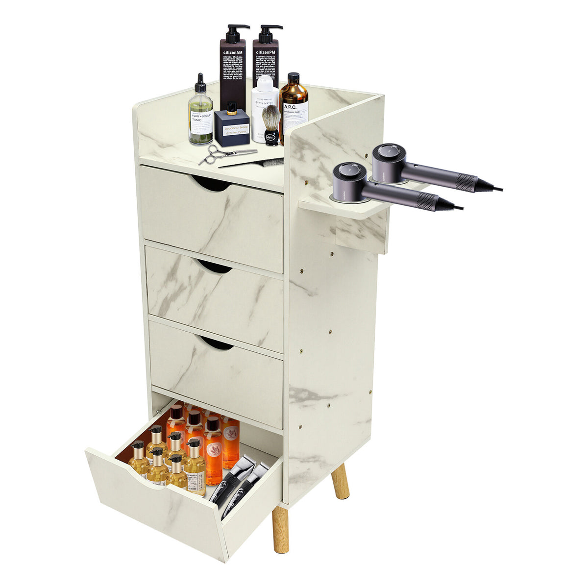 Salon Storage Cabinet with 4 Drawers and Hair Dryer Holders - Modern Barber Station