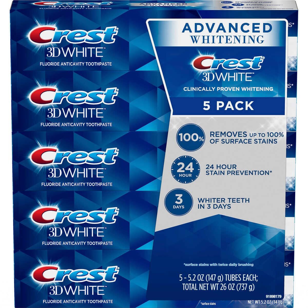Crest 3D White Advanced Whitening Toothpaste - 5.2 oz Pack of 5