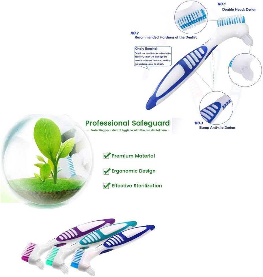 Denture Cleaning Brush Set - Portable False Teeth Brushes with Multi-Layered Soft Bristles
