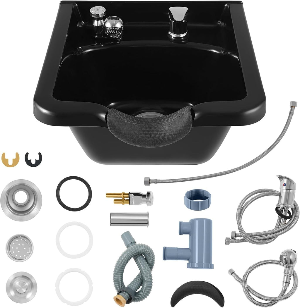 Wall Mounted Shampoo Bowl with Faucet Spray P-Trap Salon Sink Black ABS