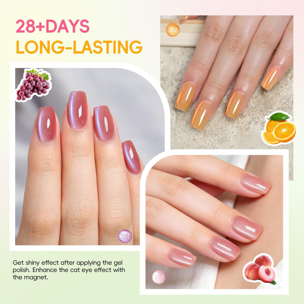 Gel Nail Polish Set with Cat Eye Effect - 6 Vibrant Colors, Long-Lasting, Magnetic Finish