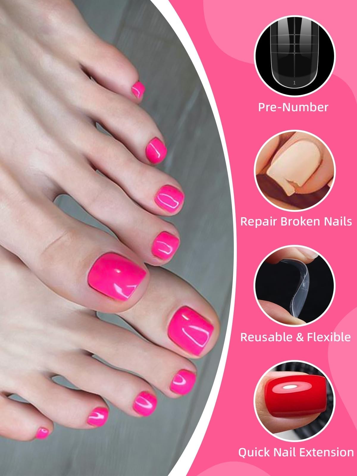 Reusable Toe Nail Forms Kit for Poly Gel Extensions - 15 Sizes, 300 Pieces
