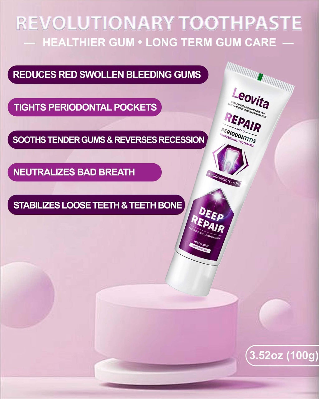 Leovita Gum Repair Toothpaste for Receding Gums & Periodontitis - MSM & Hydroxyapatite