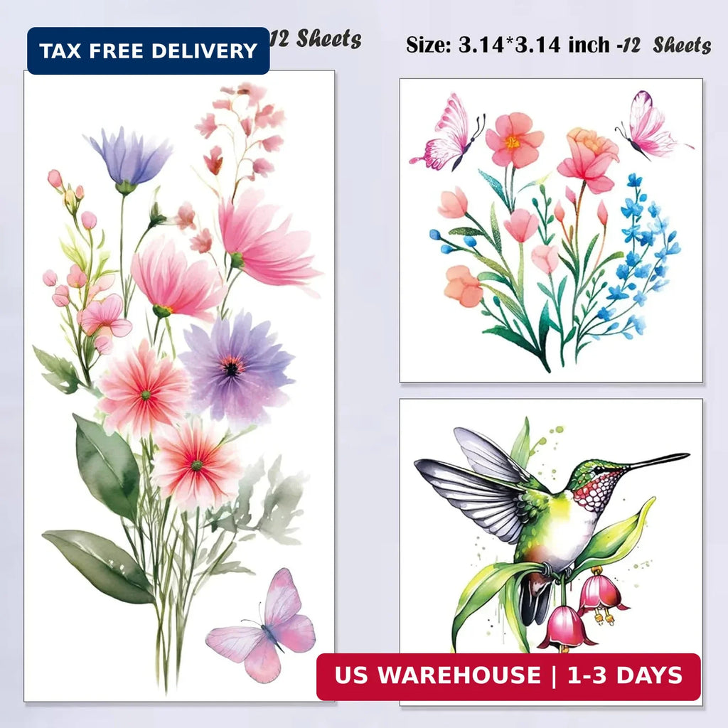 Watercolor Flower Temporary Tattoos for Women — 24 Large & Small Floral Stickers