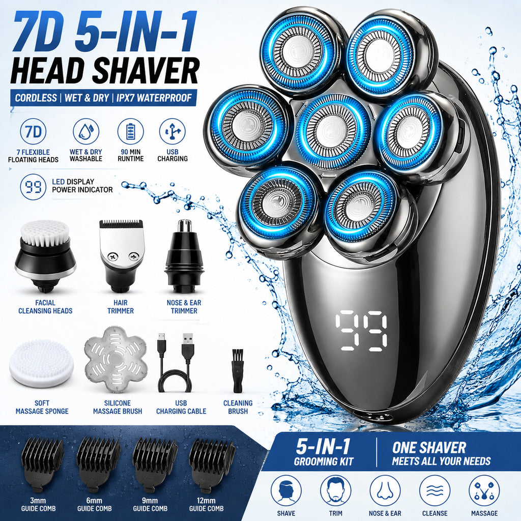 Electric Head Shaver for Bald Men 5-in-1 Cordless Razor Wet & Dry Grooming