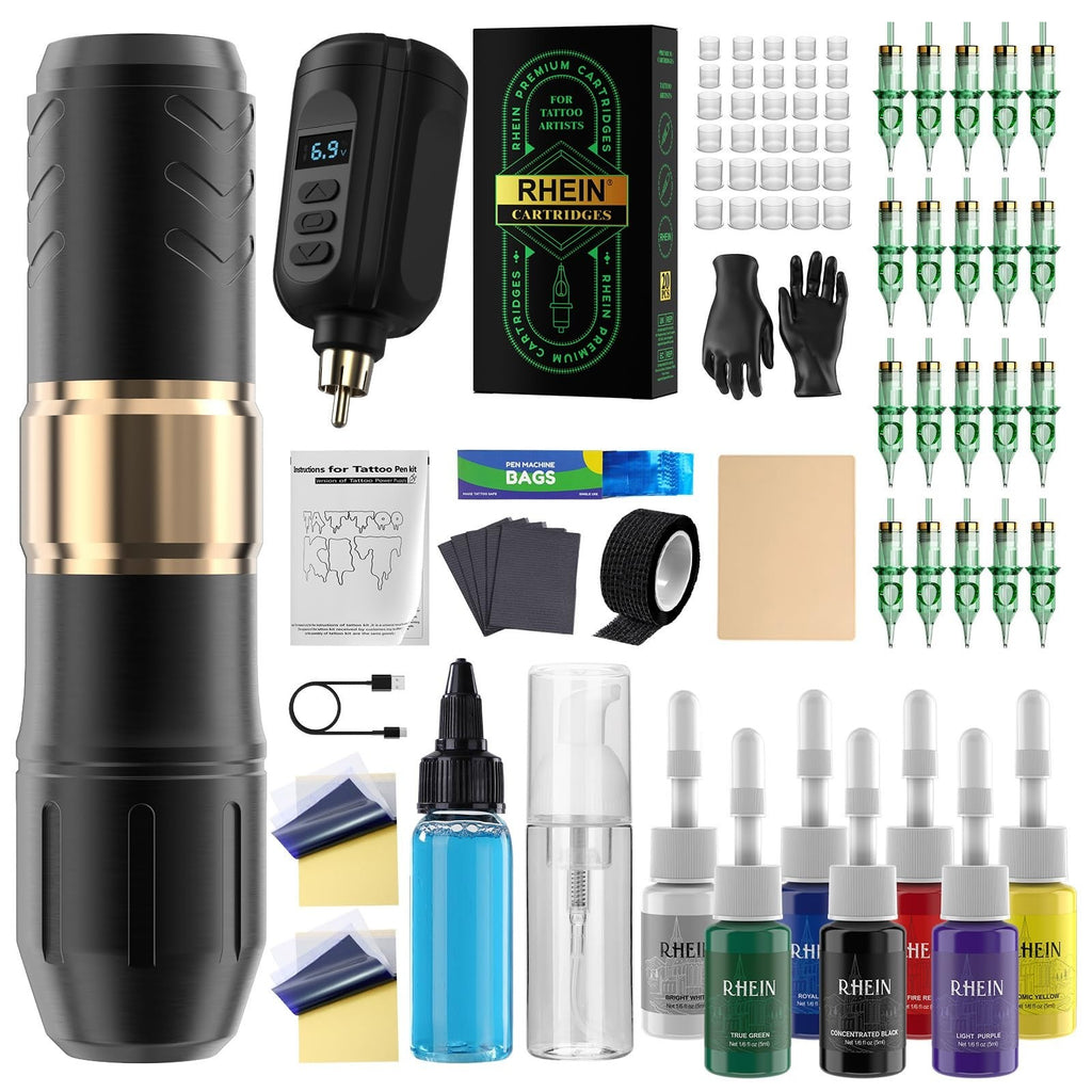 Wireless Tattoo Machine Kit with 1500mAh Battery, 20 Needles & 7 Ink Colors