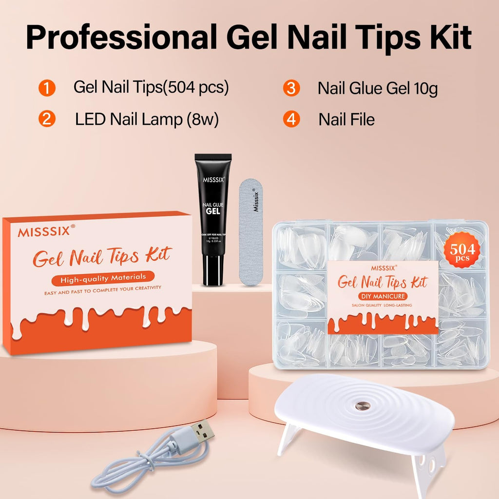 Short Almond Nail Tips Kit 504pcs with UV Lamp & Nail Glue - Clear Fake Nails