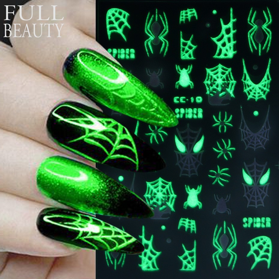 Glow in The Dark Halloween Nail Decals Ghost Spider Web Skull - 4 Sheets