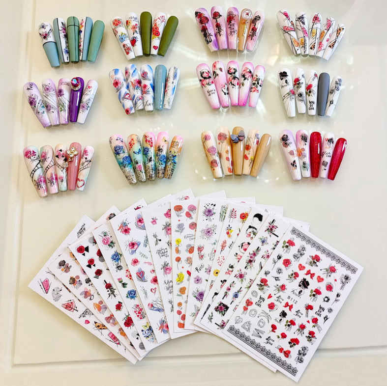 3D Nail Art Sticker Rose Flower Heart Floral Decals - Peel & Stick, Multiple Patterns