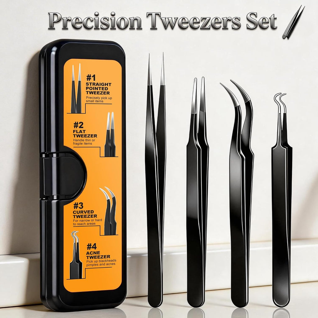 Precision Tweezers Set 4 Pack - Fine Point Curved Flat Angled for Crafts & Electronics