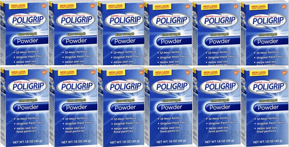 Denture Adhesive Powder Extra Strength - 12 Hour Hold, 1.6oz (12 Pack)